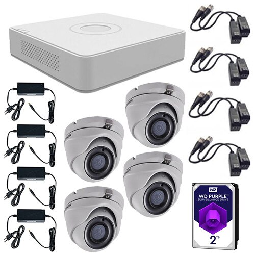 Set sistem supraveghere video 4 camere 5MP interior/exterior Hikvision, 4K UltraHD + HDD 2TB cu accesorii montaj incluse